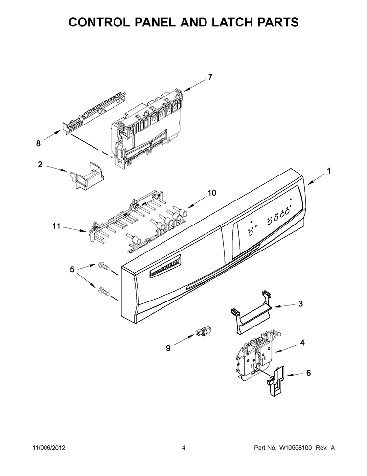 CONTROL PANEL AND LATCH PARTS Diagram and Parts List for WDF310PLAD2  Whirlpool Dishwasher