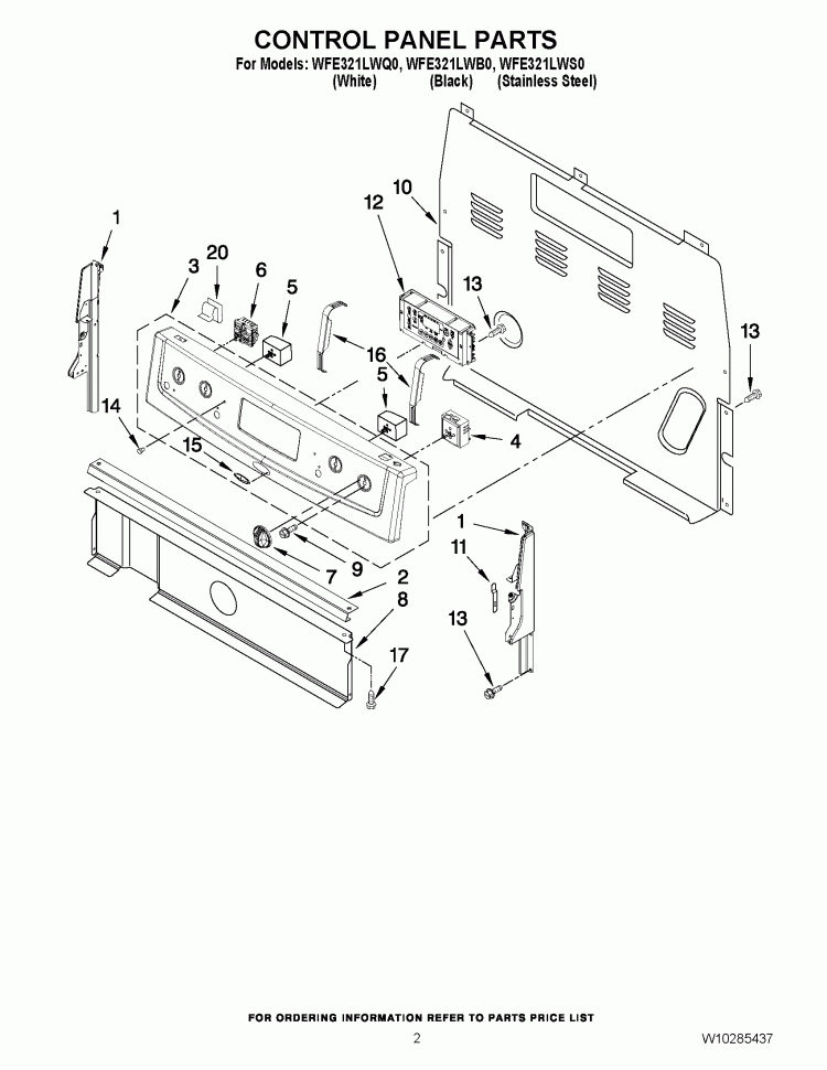 CONTROL PANEL PARTS Diagram and Parts List for WFE321LWS0  Whirlpool Range