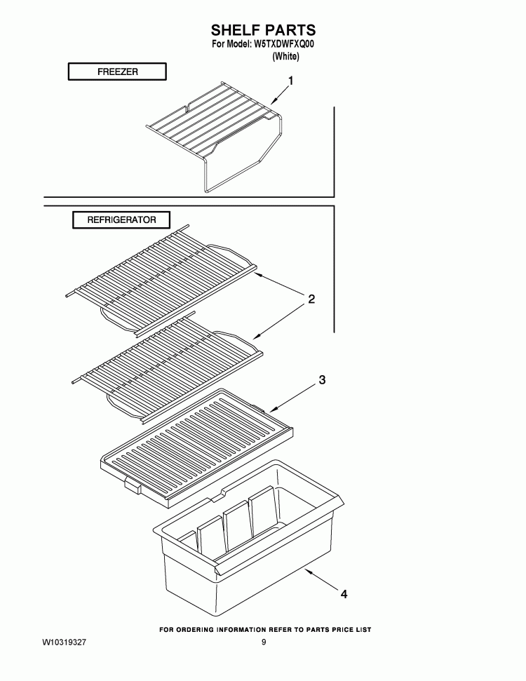 SHELF PARTS Diagram and Parts List for W5TXDWFXQ00  Whirlpool Refrigerator