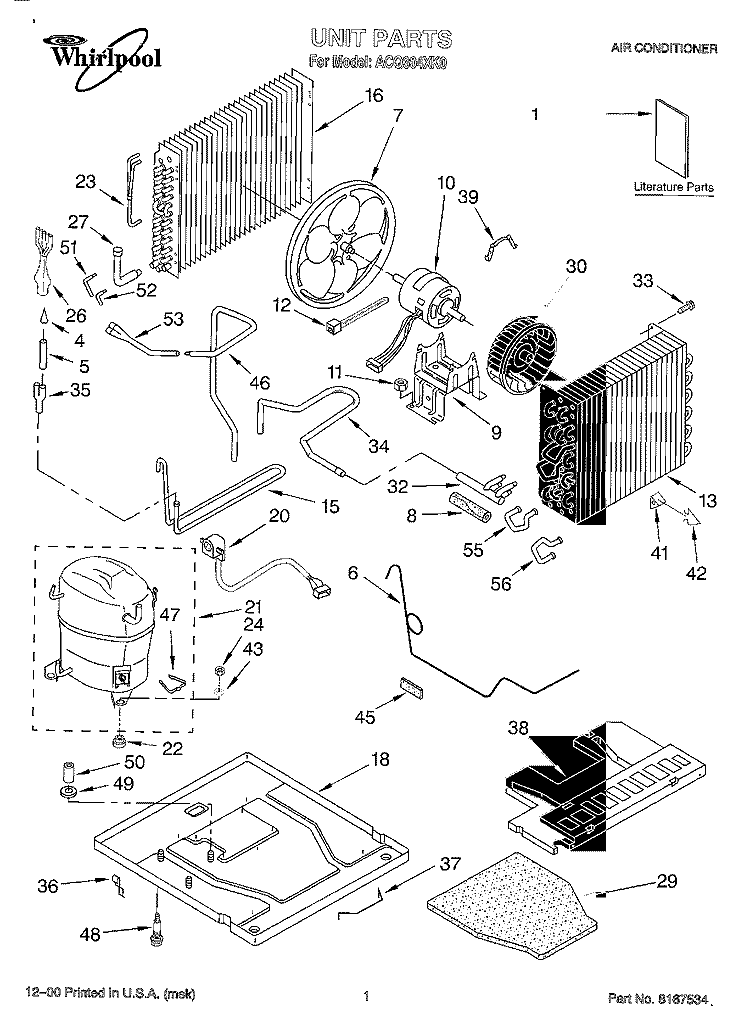UNIT, LITERATURE Diagram and Parts List for ACQ304XK0  Whirlpool Air Conditioner
