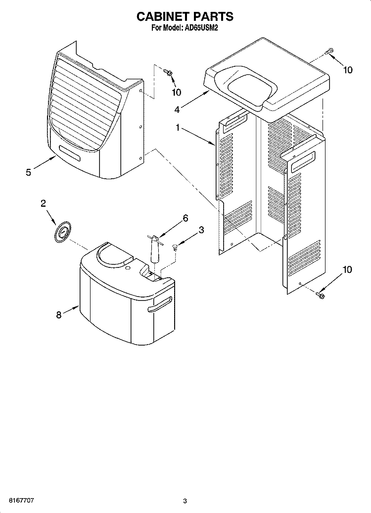 CABINET PARTS Diagram and Parts List for AD65USM2  Whirlpool Dehumidifier
