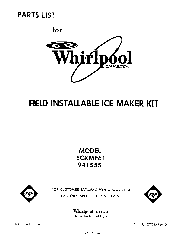SECTION Diagram and Parts List for ECKMF61  Whirlpool Ice Maker