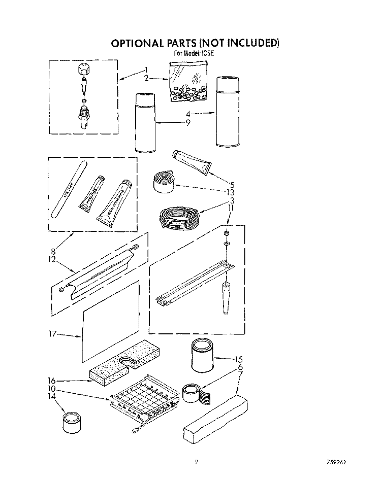 OPTIONAL PARTS NOT INCLUDED Diagram and Parts List for IC5E  Whirlpool Ice Maker