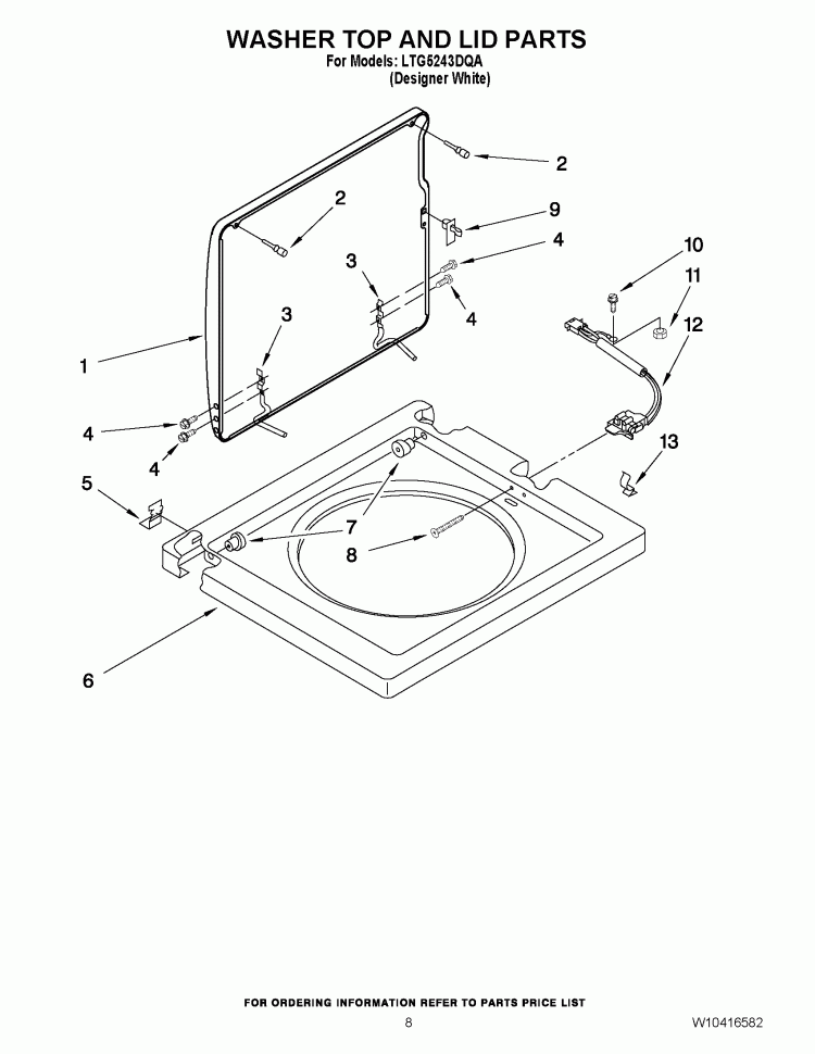 WASHER TOP AND LID PARTS Diagram and Parts List for LTG5243DQA  Whirlpool Washer Dryer Combo