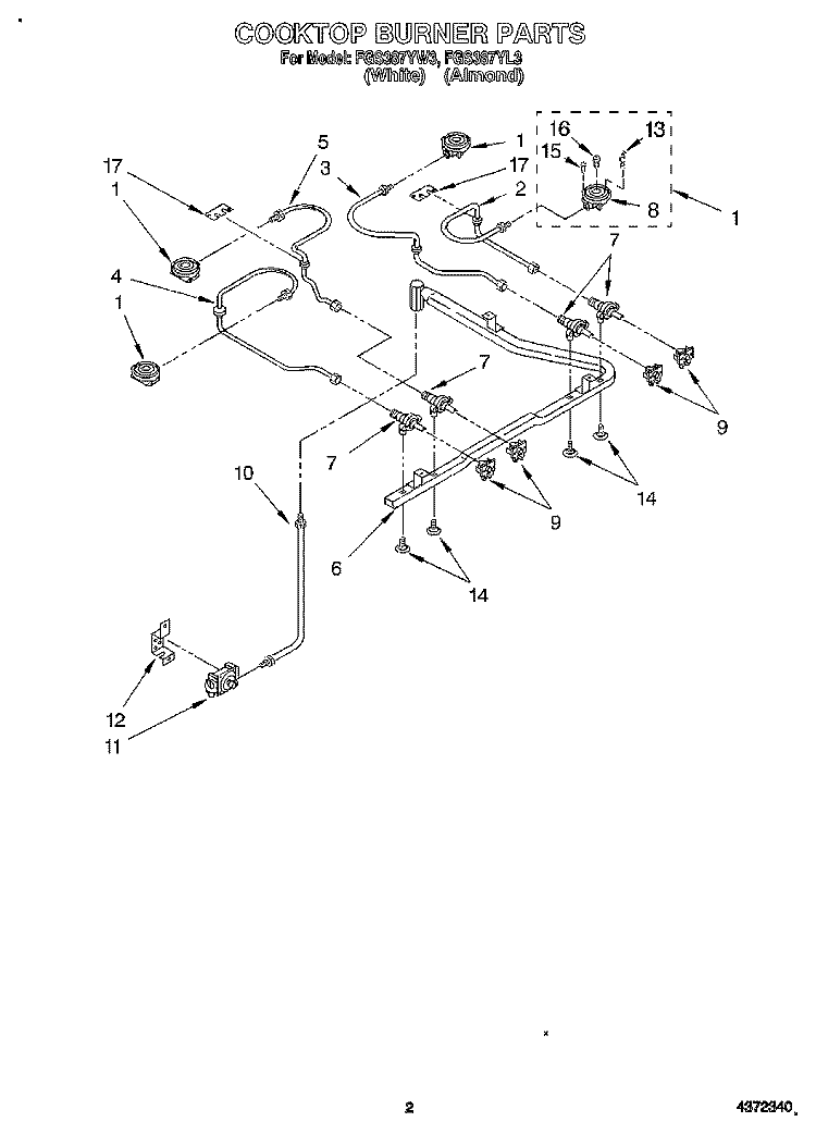 COOKTOP BURNER Diagram and Parts List for FGS387YW3  Roper Range