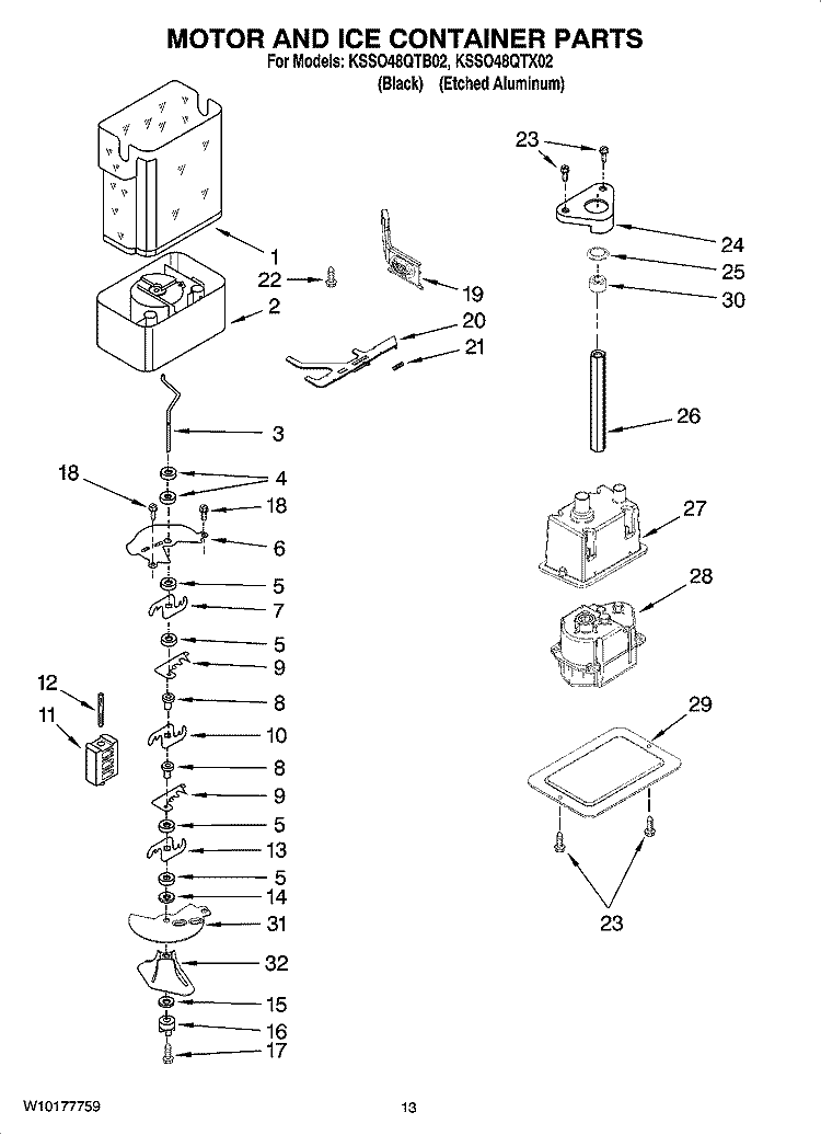 MOTOR AND ICE CONTAINER PARTS Diagram and Parts List for KSSO48QTB02  KitchenAid Refrigerator