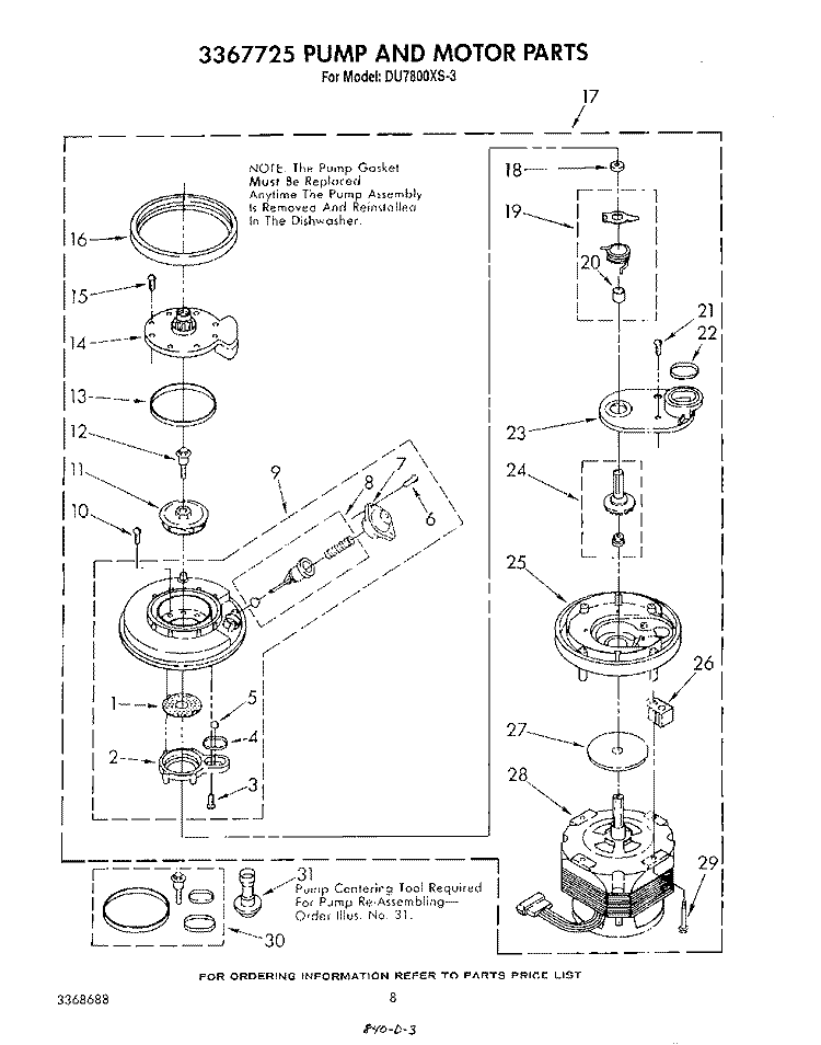3367725 PUMP AND MOTOR Diagram and Parts List for DU7800XS3  Whirlpool Dishwasher