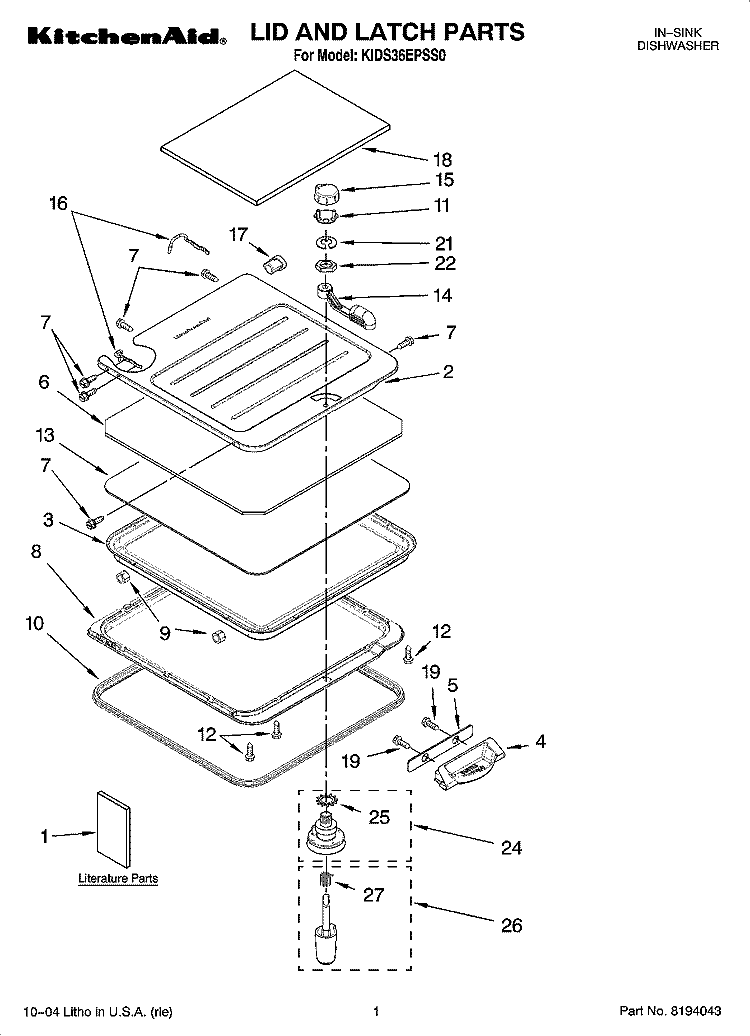 LID AND LATCH PARTS Diagram and Parts List for KIDS36EPSS0  KitchenAid Dishwasher