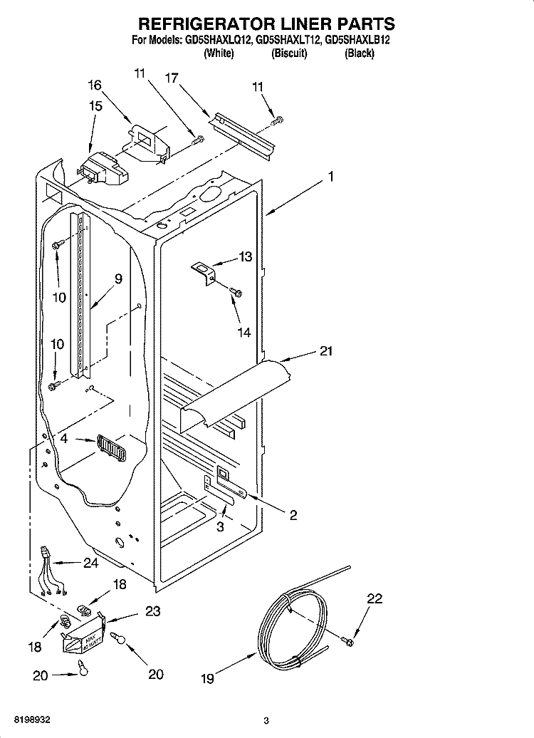 REFRIGERATOR LINER PARTS Diagram and Parts List for GD5SHAXLT12  Whirlpool Refrigerator
