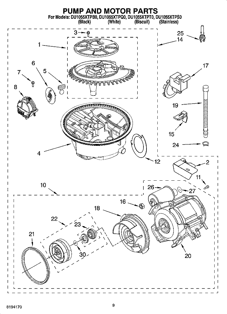 PUMP AND MOTOR PARTS Diagram and Parts List for DU1055XTPB0  Whirlpool Dishwasher