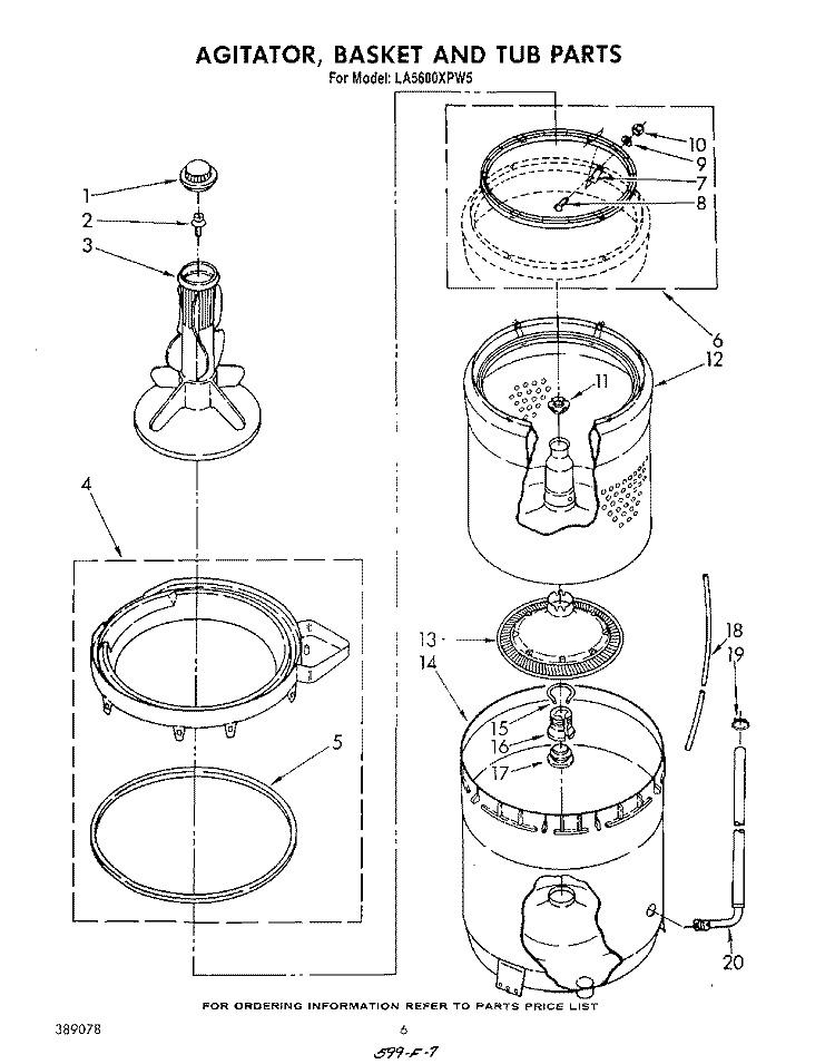 AGITATOR, BASKET AND TUB Diagram and Parts List for LA5600XPW5  Whirlpool Washer