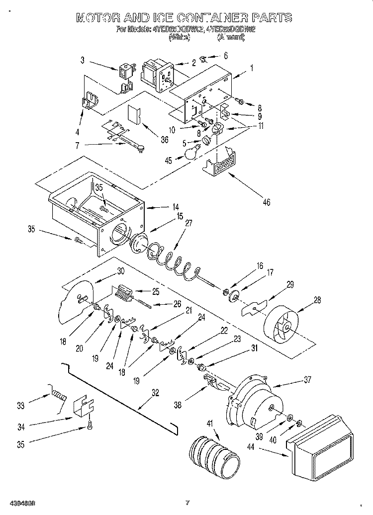 MOTOR AND ICE CONTAINER Diagram and Parts List for 4YED25DQDN02  Whirlpool Refrigerator