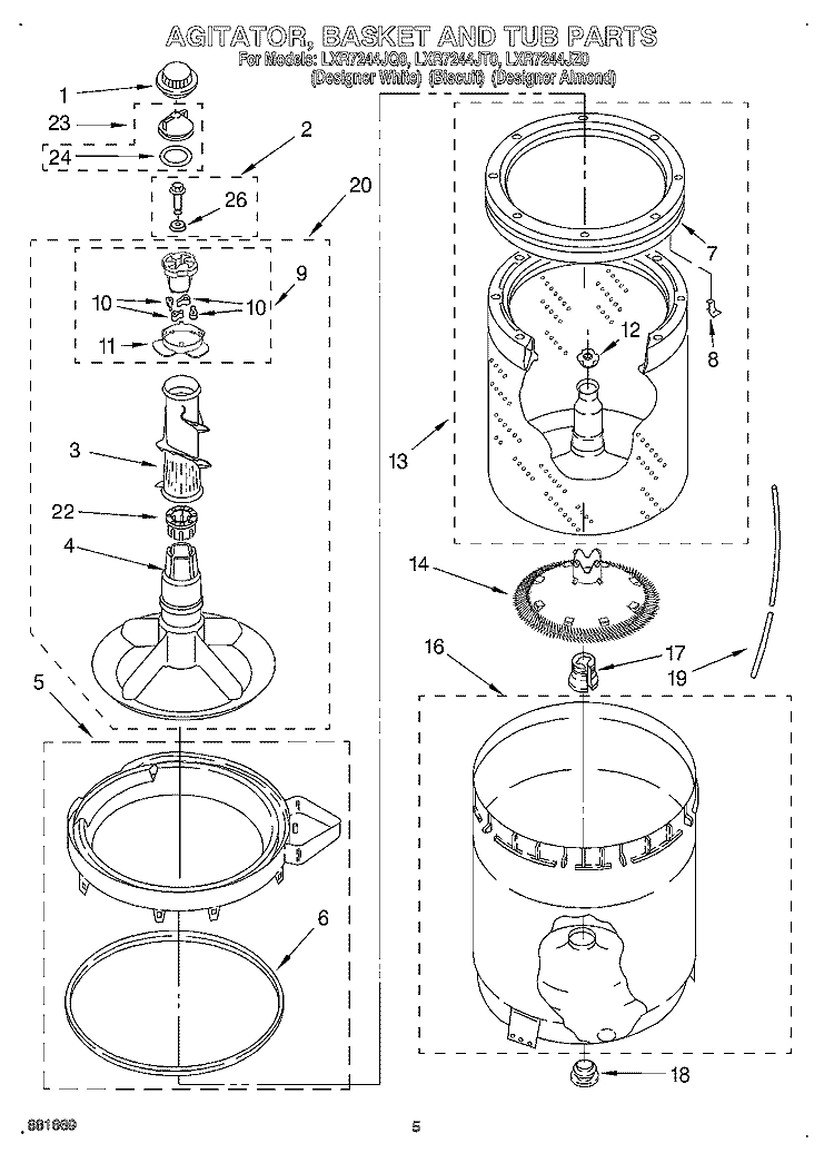 AGITATOR, BASKET AND TUB Diagram and Parts List for LXR7244JQ0  Whirlpool Washer