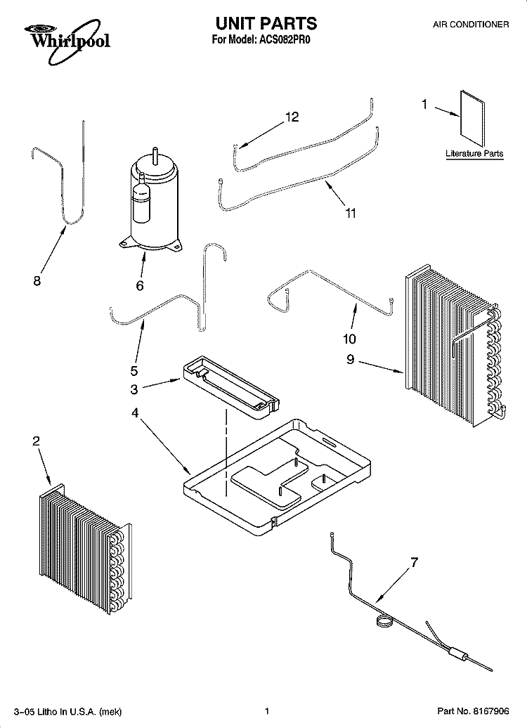 UNIT PARTS Diagram and Parts List for ACS082PR0  Whirlpool Air Conditioner