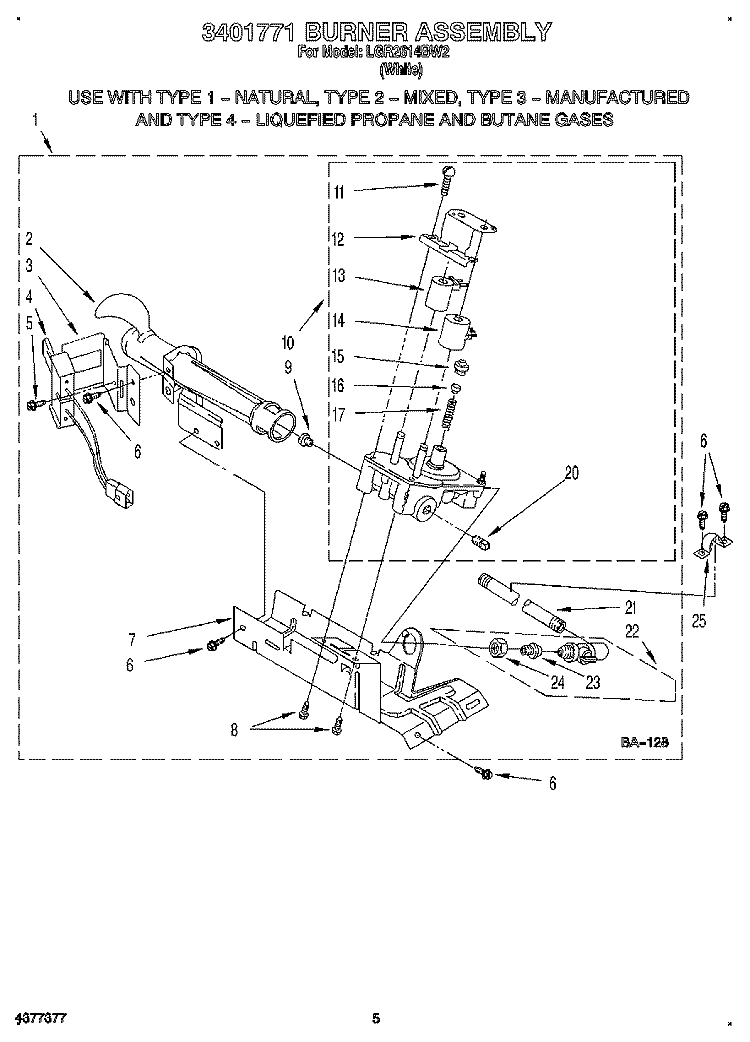 3401771 BURNER ASSEMBLY Diagram and Parts List for LGR2614BW2  Whirlpool Dryer
