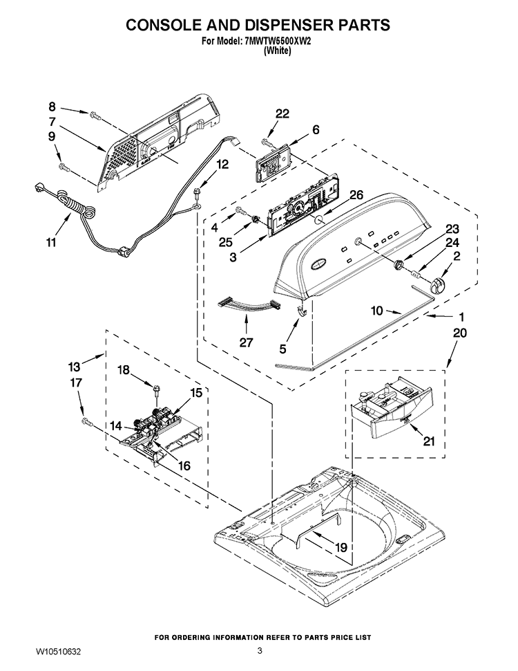 CONSOLE AND WATER INLET PARTS Diagram and Parts List for 7MWTW5500XW2  Whirlpool Washer