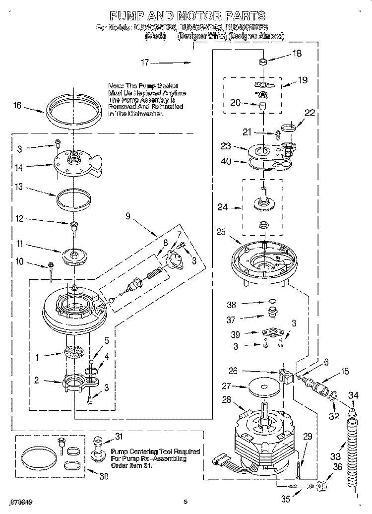 PUMP AND MOTOR Diagram and Parts List for DU940QWDB6  Whirlpool Dishwasher