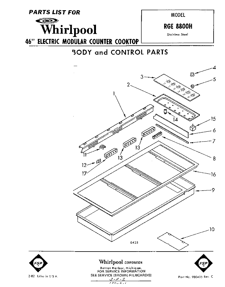 BODY AND CONTROL, LIT/OPTIONAL Diagram and Parts List for RGE8800H  Whirlpool Range