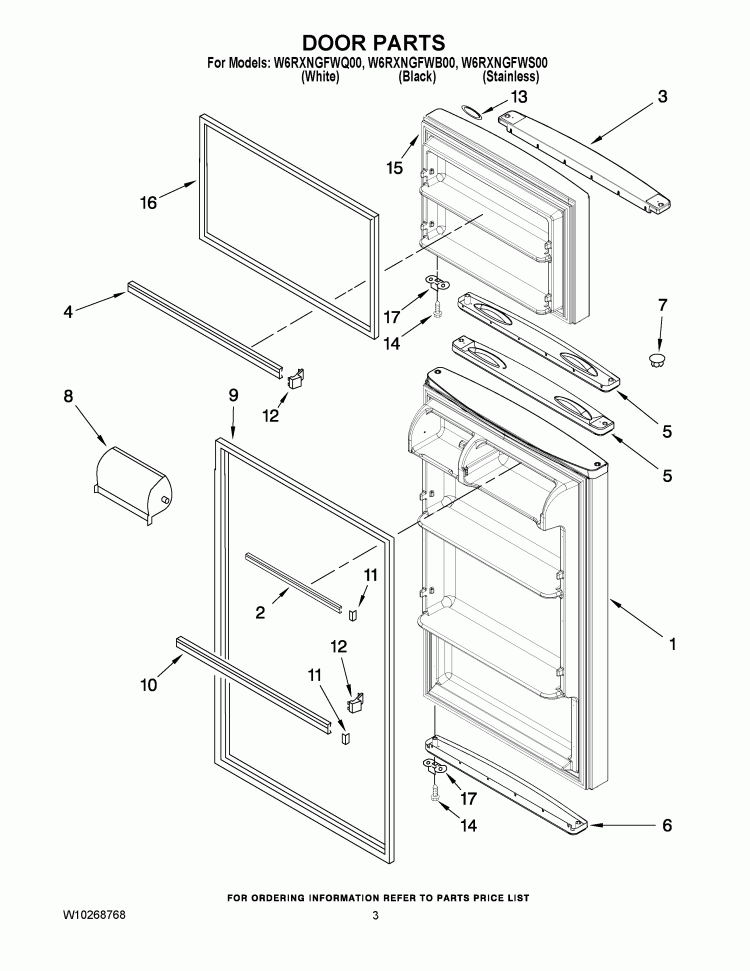 DOOR PARTS Diagram and Parts List for W6RXNGFWB00  Whirlpool Refrigerator