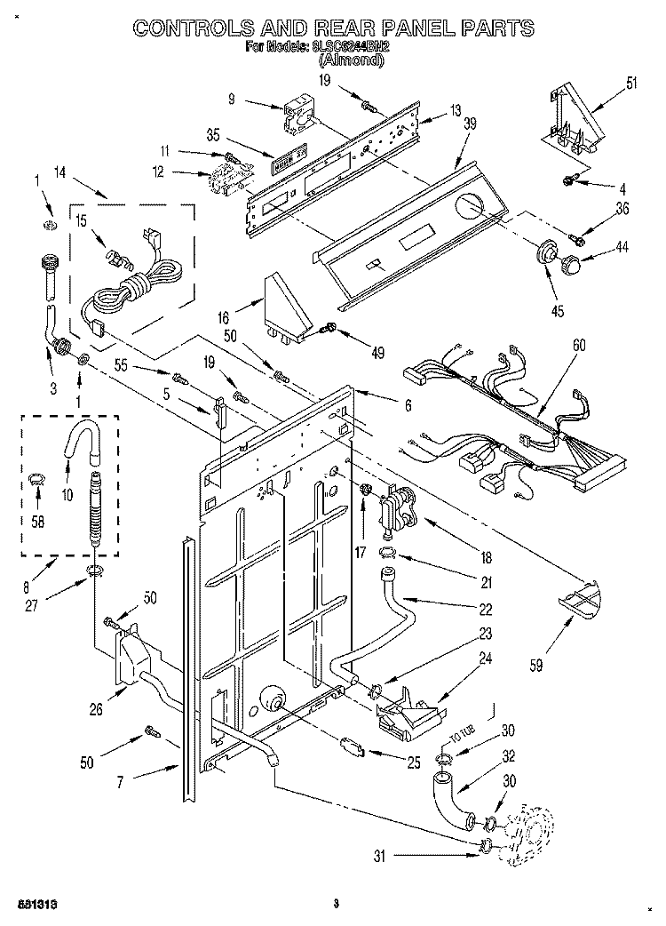 CONTROLS AND REAR PANEL Diagram and Parts List for 8LSC6244BN2  Whirlpool Washer