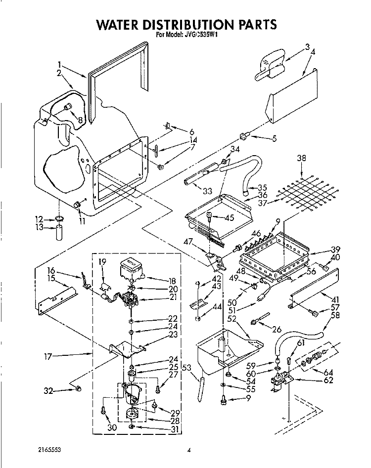 WATER DISTRIBUTION Diagram and Parts List for JVGC535W1  Whirlpool Ice Maker