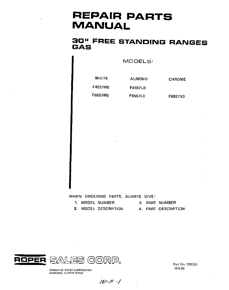COVER Diagram and Parts List for F6557W0  Roper Range