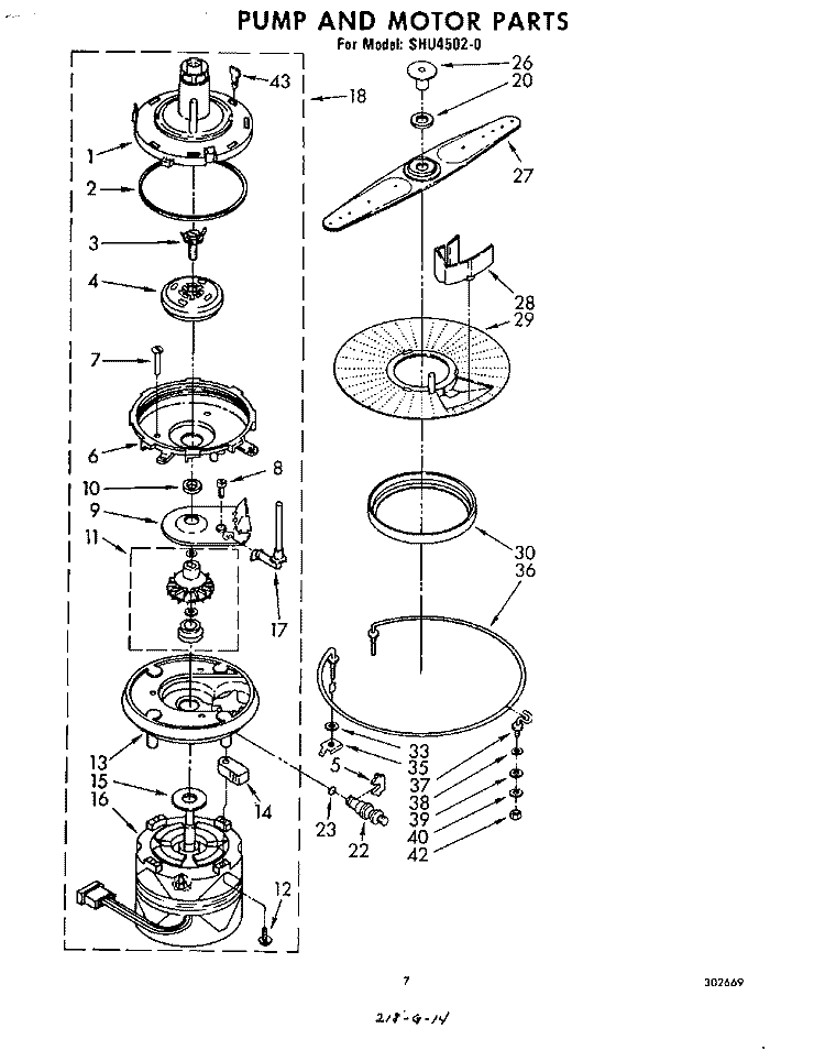 PUMP AND MOTOR Diagram and Parts List for SHU45020  Whirlpool Dishwasher