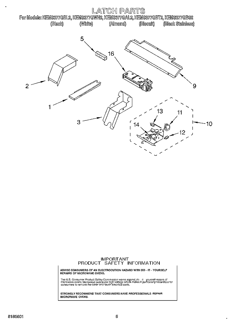 LATCH Diagram and Parts List for KEMS377GBL2  KitchenAid Microwave Oven Combo
