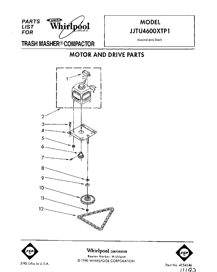 MOTOR AND DRIVE, LIT/OPTIONAL Diagram and Parts List for JJTU4600XTP1  Whirlpool Trash Compactor