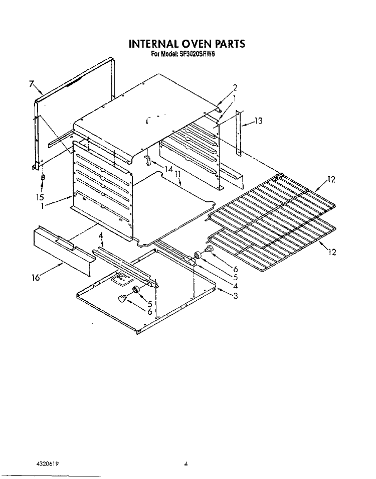 INTERNAL OVEN Diagram and Parts List for SF3020SRW6  Whirlpool Range