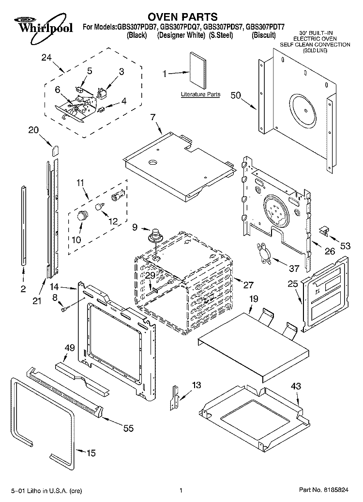 OVEN, LITERATURE Diagram and Parts List for GBS307PDB7  Whirlpool Wall Oven