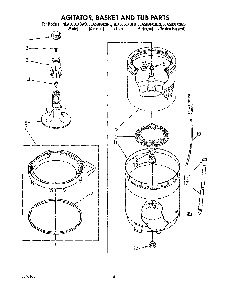 AGITATOR, BASKET AND TUB Diagram and Parts List for 3LA5800XSW0  Whirlpool Washer