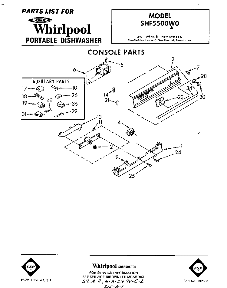 CONSOLE Diagram and Parts List for SHF5500W0  Whirlpool Dishwasher