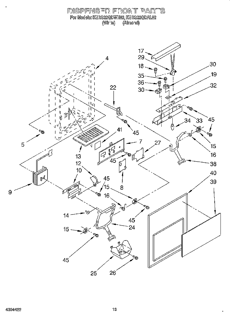 DISPENSER FRONT Diagram and Parts List for KSRS22QDWH02  KitchenAid Refrigerator