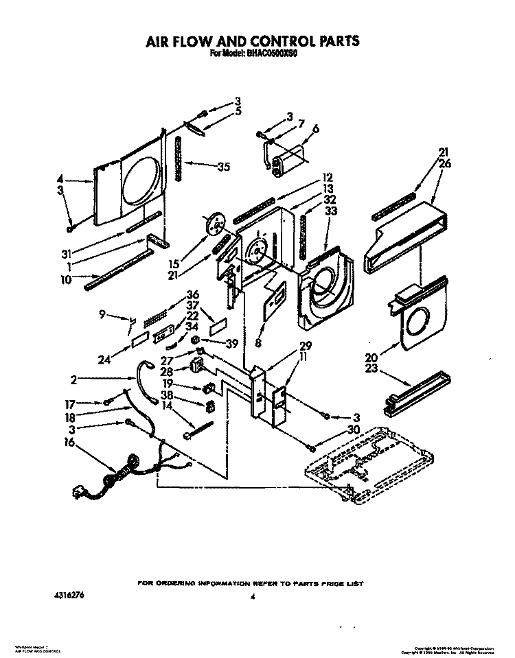 AIR FLOW AND CONTROL Diagram and Parts List for BHAC0500XS0  Whirlpool Air Conditioner
