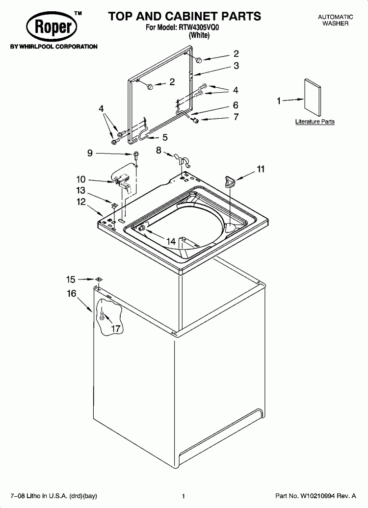 TOP AND CABINET PARTS Diagram and Parts List for RTW4305VQ0  Roper Washer