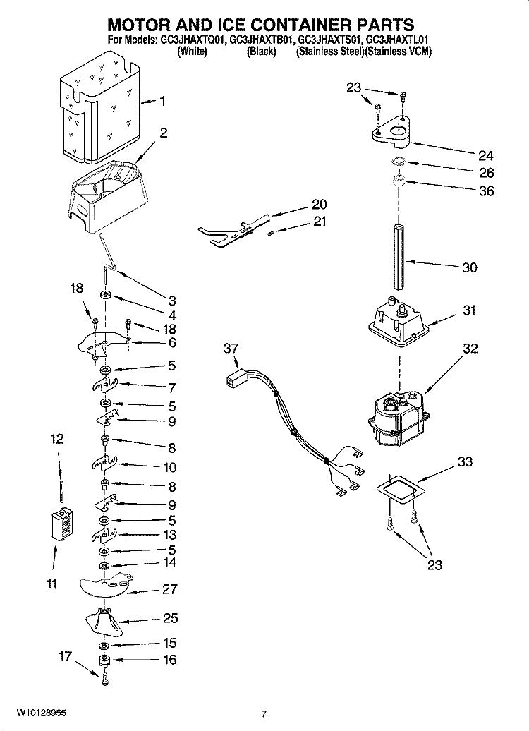 MOTOR AND ICE CONTAINER PARTS Diagram and Parts List for GC3JHAXTB01  Whirlpool Refrigerator