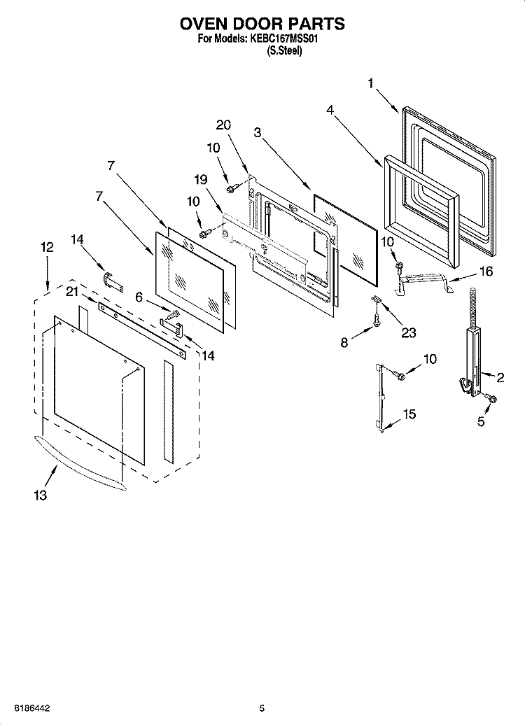 OVEN DOOR PARTS Diagram and Parts List for KEBC167MSS01  KitchenAid Wall Oven