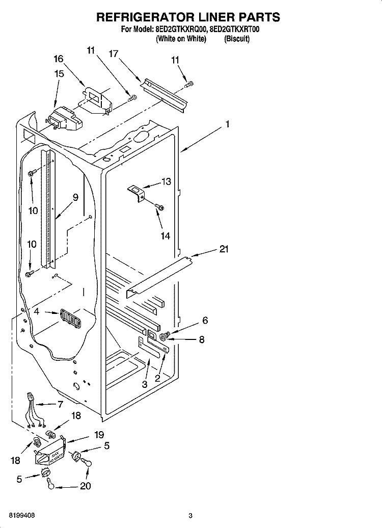 REFRIGERATOR LINER PARTS Diagram and Parts List for 8ED2GTKXRT00  Whirlpool Refrigerator
