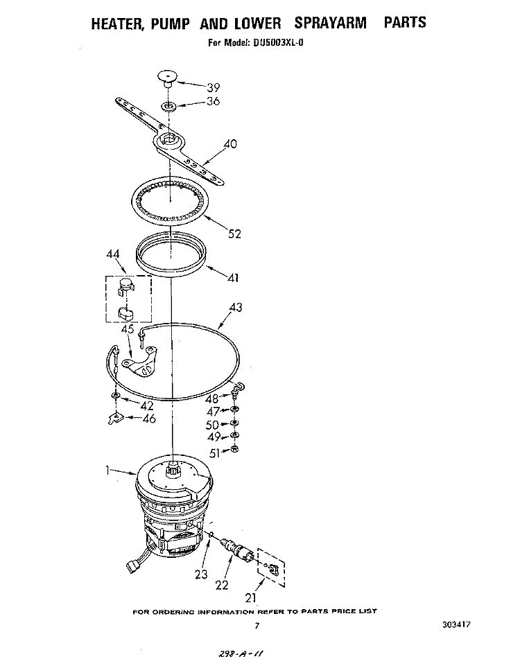 HEATER, PUMP AND LOWER SPRAYARM Diagram and Parts List for DU5003XL0  Whirlpool Dishwasher