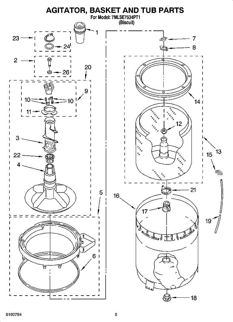 AGITATOR, BASKET AND TUB PARTS Diagram and Parts List for 7MLSE7534PT1  Whirlpool Washer