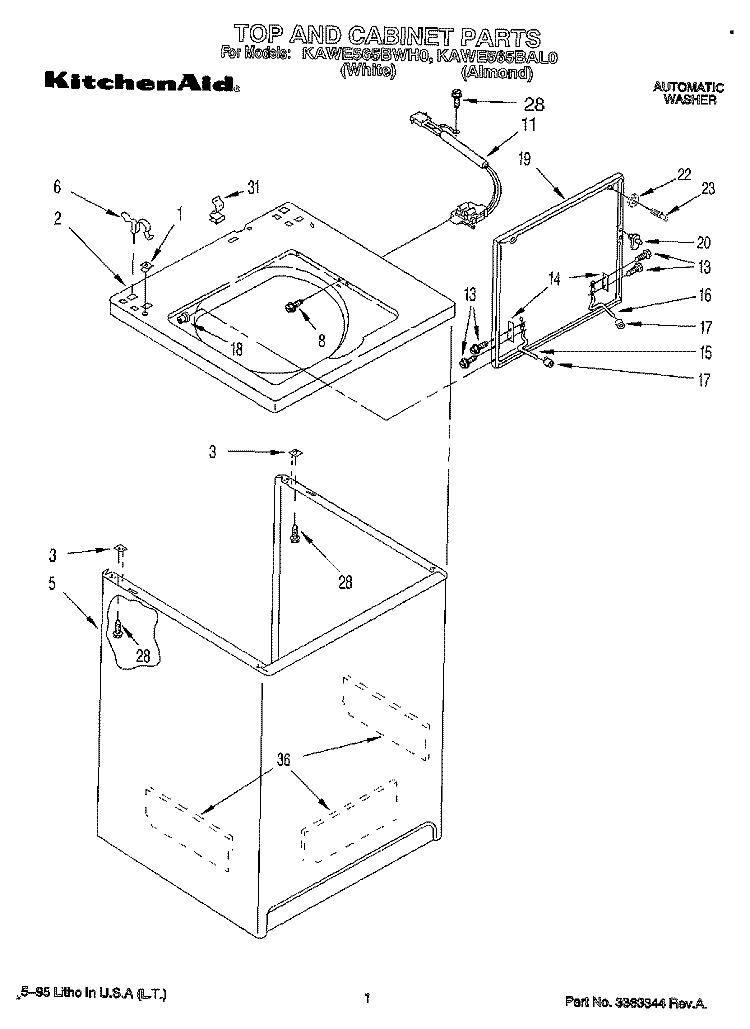 TOP AND CABINET, LIT/OPTIONAL Diagram and Parts List for KAWE565BAL0  KitchenAid Washer