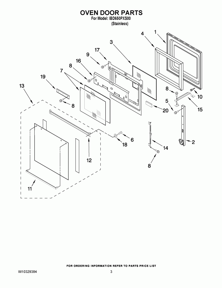 OVEN DOOR PARTS Diagram and Parts List for IBD650PXS00  Whirlpool Wall Oven