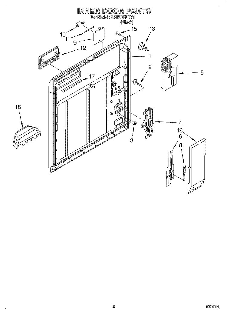 INNER DOOR Diagram and Parts List for DP920PFGY1  Whirlpool Dishwasher