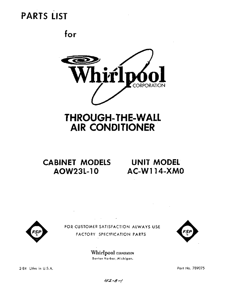 SECTION Diagram and Parts List for ACW114XM0  Whirlpool Air Conditioner
