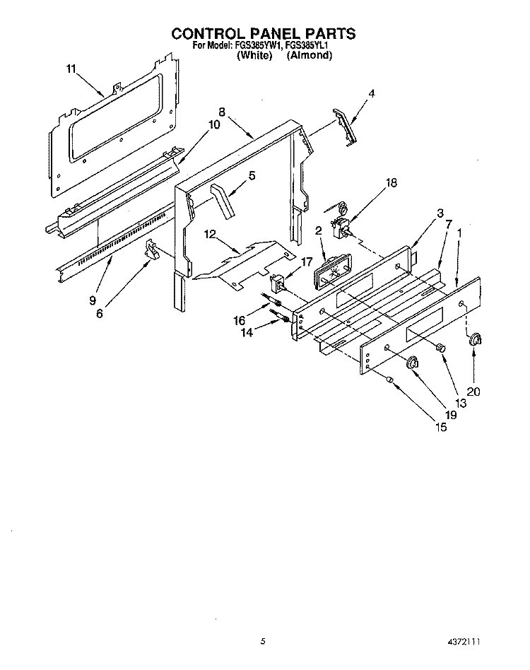 CONTROL PANEL Diagram and Parts List for FGS385YL1  Whirlpool Range