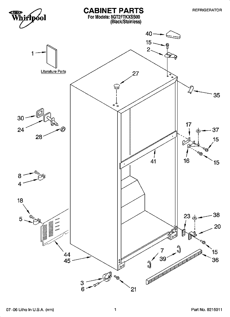 CABINET PARTS Diagram and Parts List for 8GT2FTKXSS00  Whirlpool Refrigerator