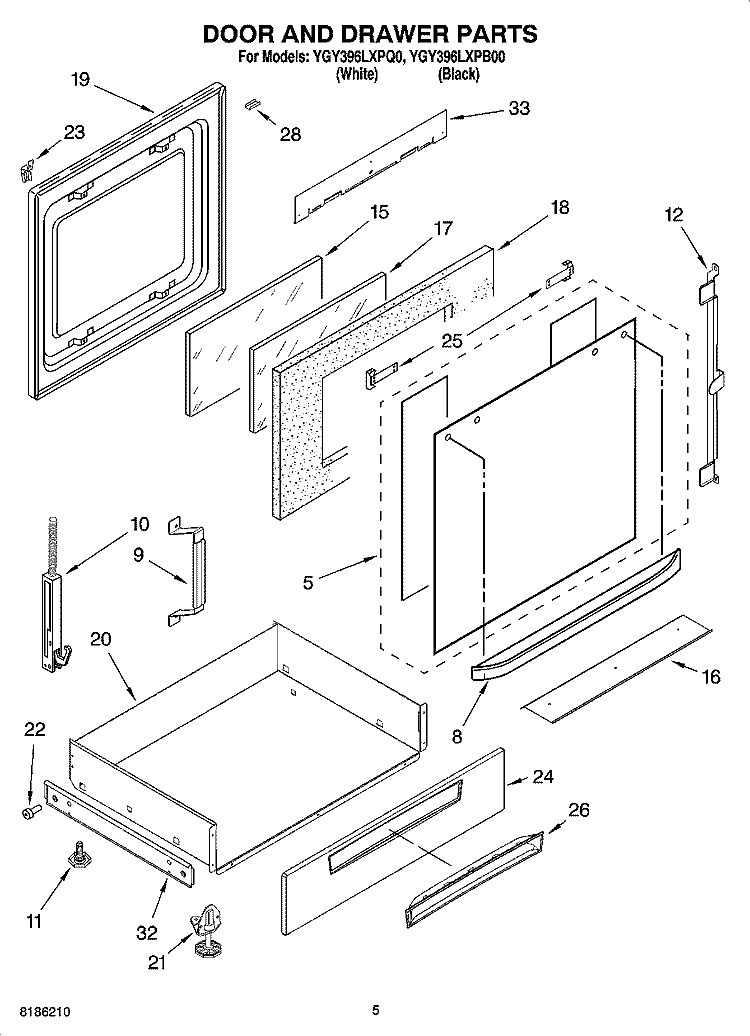 DOOR AND DRAWER PARTS Diagram and Parts List for YGY396LXPQ0  Whirlpool Range