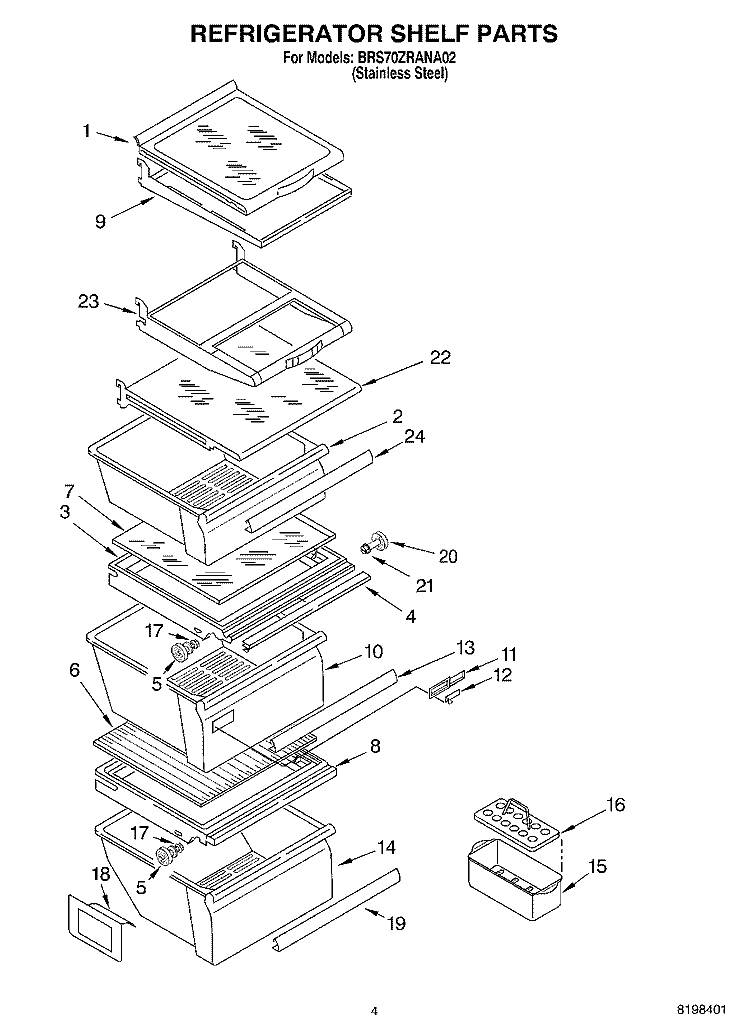 REFRIGERATOR SHELF PARTS Diagram and Parts List for BRS70ZRANA02  Whirlpool Refrigerator