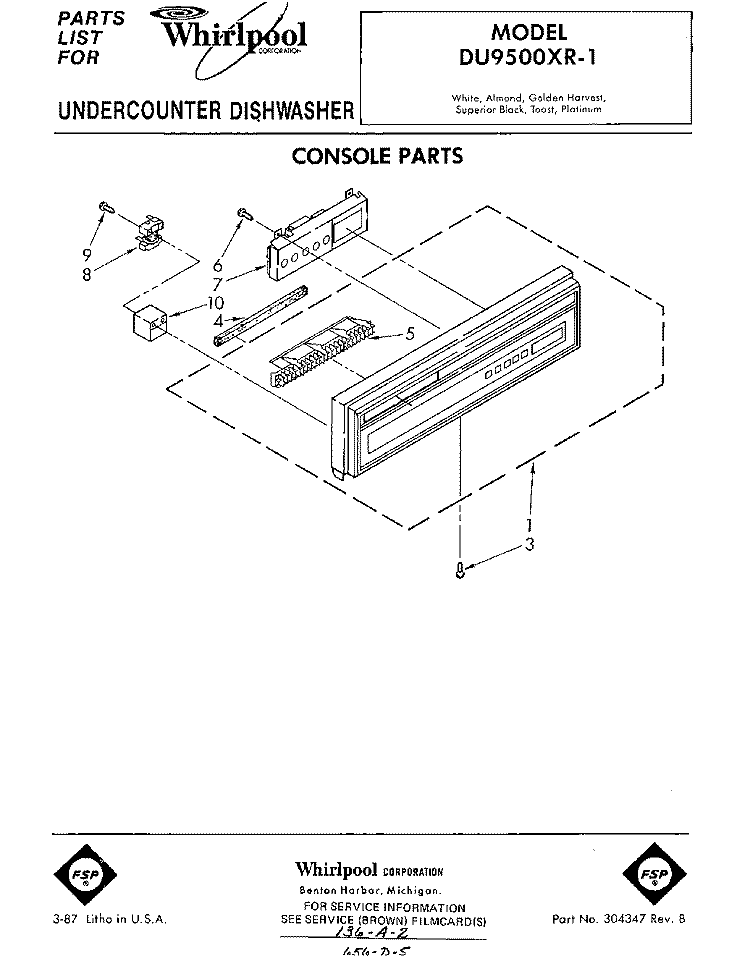 CONSOLE Diagram and Parts List for DU9500XR1  Whirlpool Dishwasher